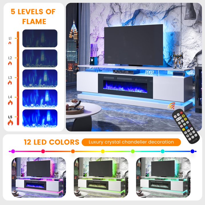 Sunmthink 70" Fireplace TV Stand, Modern Entertainment Center for TVs Up to 80”, TV Console with Storage Cabinets, Media Console for Living Room, white