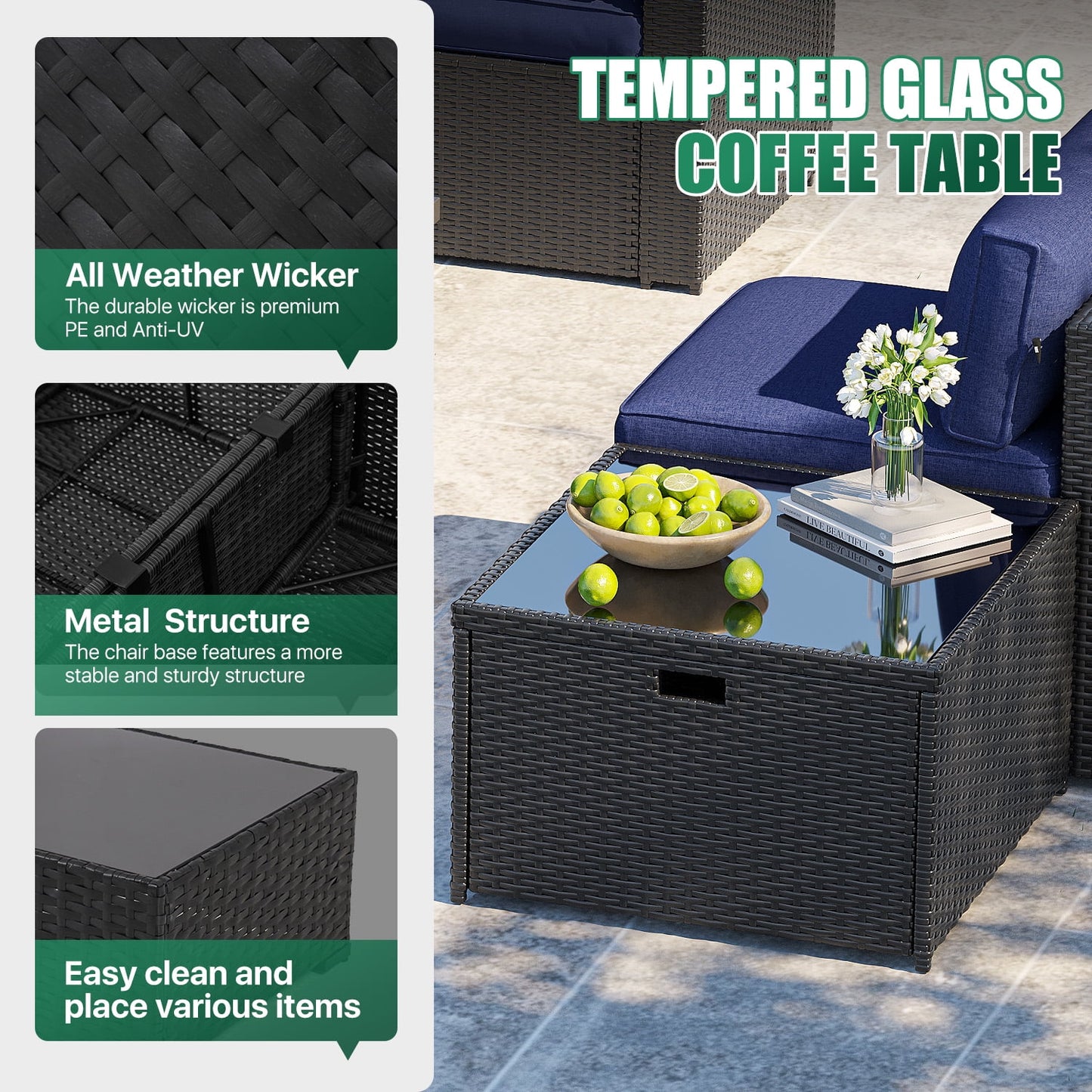 Clouddwell 10-Piece Patio Furniture Set on Sale, Black Rattan Wicker Outdoor Sectional Sofa Couch with Table Patio Conversation Set for Lawn& Backyard,Blue