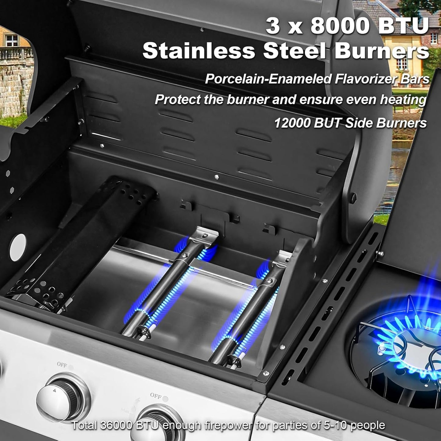 Clouddwell Stainless Steel Burner Barbecue Grill, 3 Burner BBQ Propane Gas Grill with Cast Iron Grates & Side Stove for Patio, Camping, Outdoor Cooking