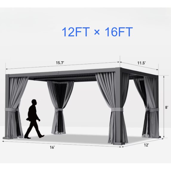 Clouddwell 12' × 16' Adjustable Louvered Pergola, Outdoor Aluminum Pergola with Curtains & Netting for Backyard, Deck & Poolside, Gray