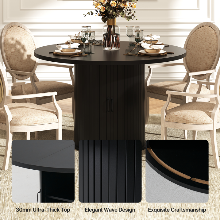 Sonegra 47-inch Round Dining Table with Storage, Modern Fluted Circle Kitchen Table with 2-Layer Storage and Sliding Door, for Kitchen Living Room, Black