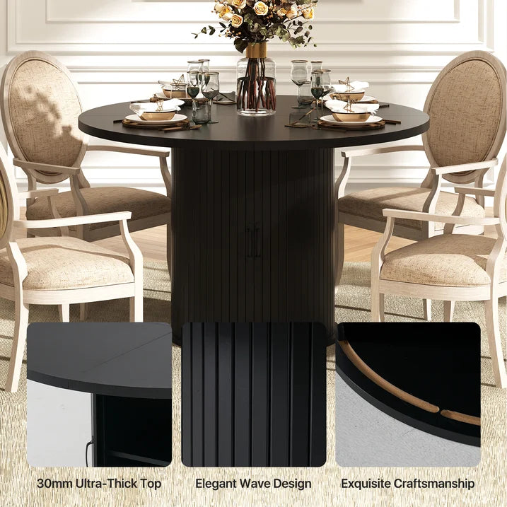 Sonegra 47“ Round Dining Table with Storage, Modern Fluted Circle Kitchen Table with 2-Layer Storage and Sliding Door, for Kitchen Living Room, Black