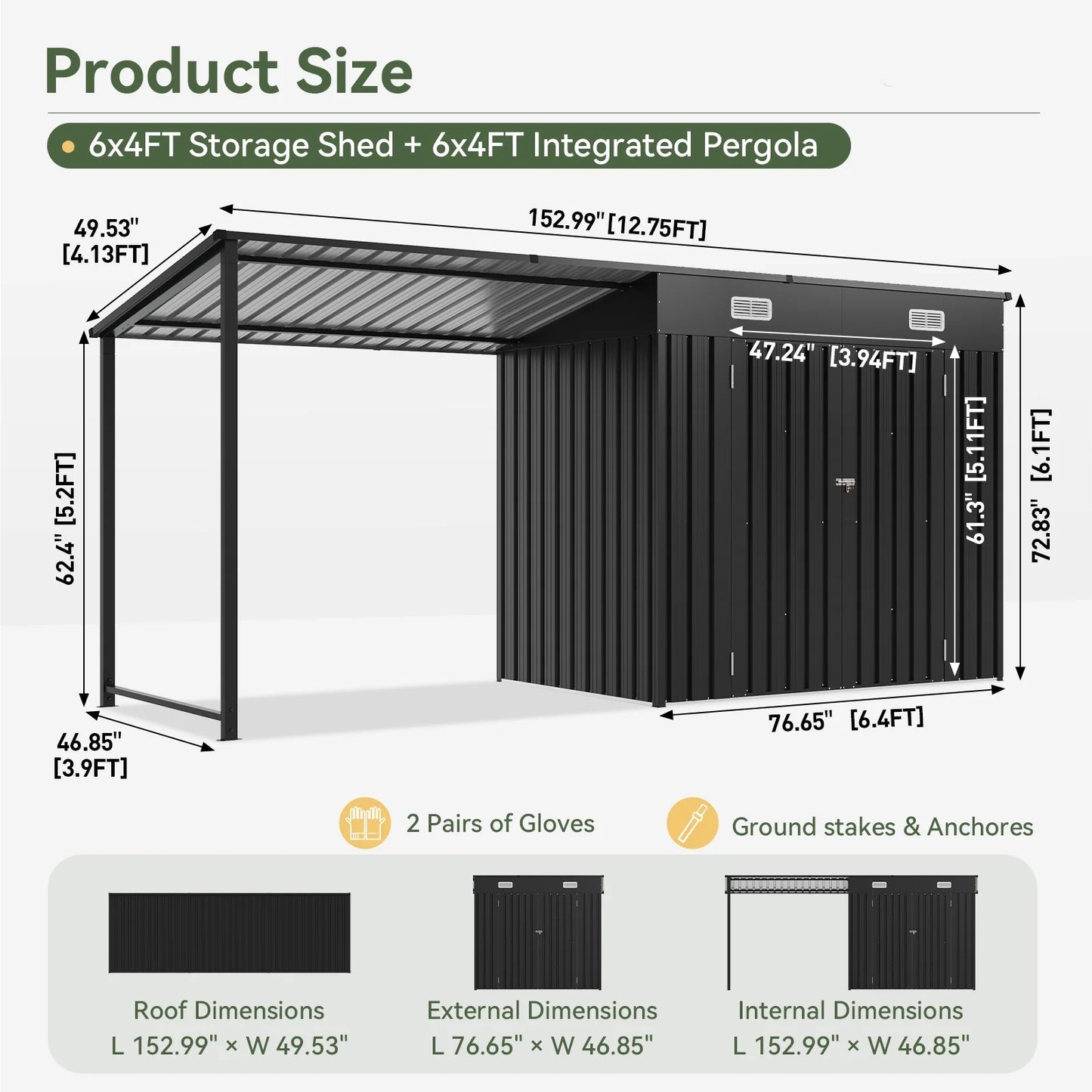 Clouddwell Metal Storage Shed with Hardtop Pergola 6x6 ft 2-in-1, 50 Sq. Ft Outdoor Tool Shed for Backyard