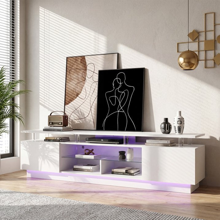 Sonegra 80” High-Glossy TV Stand with 2 Side Cabinets, Modern Stylish TV Console with 3 Layer LED Lights,Gaming TV Media Console with Adjustable Glass Shelf, White