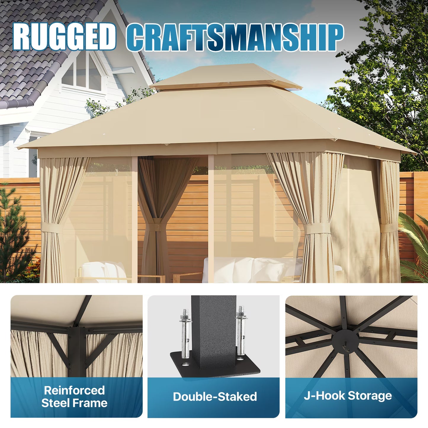 Sunmthink Outdoor Gazebo for Patio 10'x12', Metal Frame Canopy with Double Roofs, Heavy Duty Party Tent and Shelter with Mosquito Netting and Privacy Screen for Backyard,Garden,Deck (Beige)