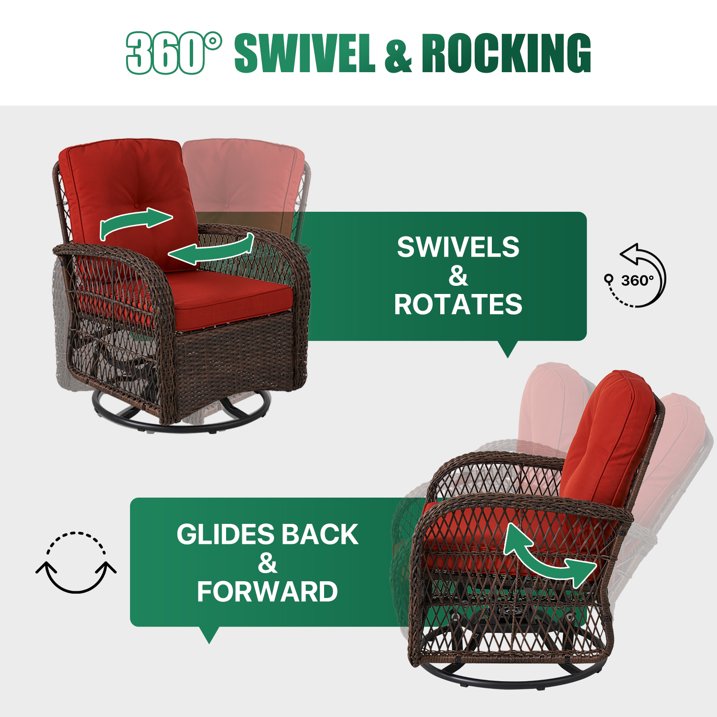 3 Piece Patio Furniture Set Swivel Outdoor Chair Wicker Rattan Patio Conversation Set Outdoor Sectional Sofa Set with Coffee Table and Red Cushions
