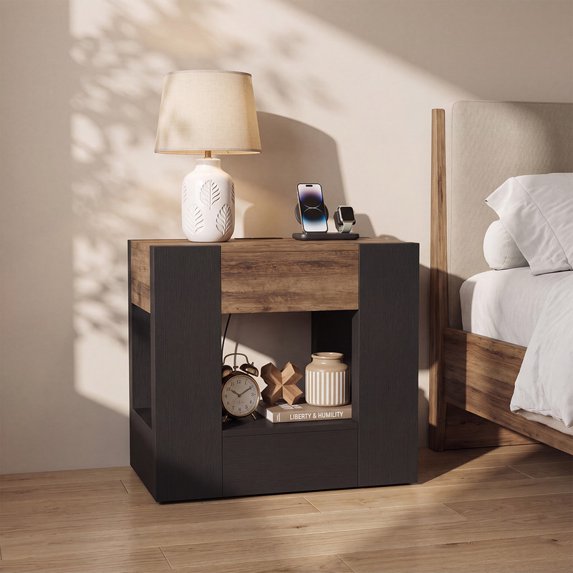 Sonergra Farmhouse End Table with Charging Station, 23” Modern Nightstand Side Table with Drawer and Open Storage, Wood Accent Sofa Side Table for Bedroom Living Room,Black