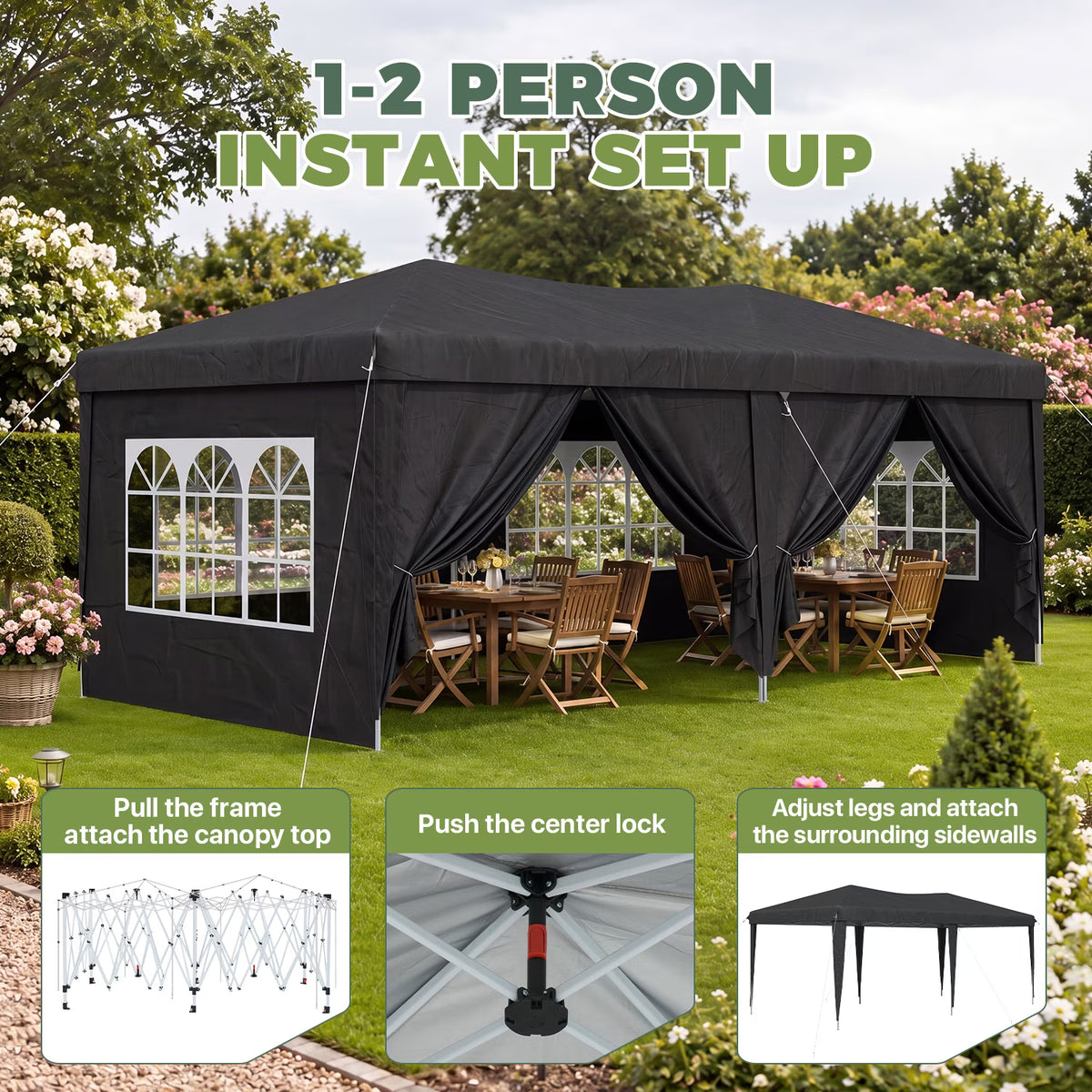 Dateyes 10x20 Pop Up Canopy Tent, Waterproof Party Tent with 6 Removable Sidewalls, 3-Level Height Adjustable Event Tent, Instant Shelter for Wedding, Party, Commercial & Market Events, Black