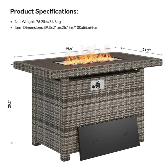 Aoxun 40'' Fire Pit Table 50,000 BTU Propane Gas Fire Pit Table W/ Cover, Glass Beads, Tank Holder, Gray Wicker