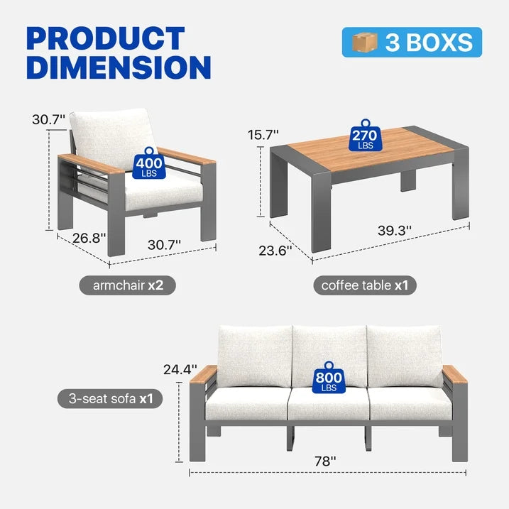 5-Seats Outdoor Patio Sectional Set with Coffee Table & Cushions - Aluminum Furniture for Terrace/Garden/Poolside (Gray)
