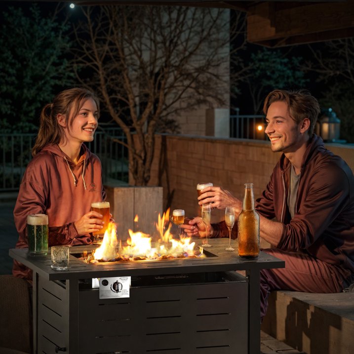 Aoxun 40" Propane Fire Pit Table, 50,000 BTU Auto Ignition Steel Gas Fire Pit with Removable Lid & Waterproof Cover for Patio, Backyard, Black