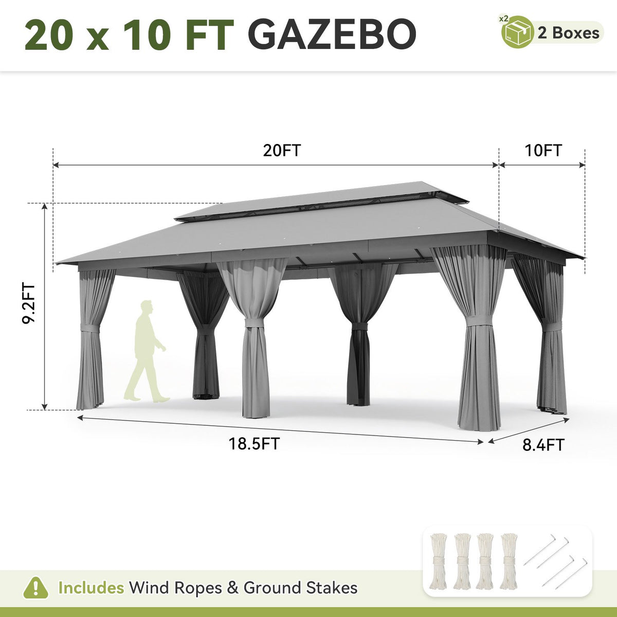 Clouddwell 20'x10' Patio Gazebo Double Roof Protection All-Weather Outdoor Shelter Features Insect Screens Ideal for Backyard, Lawn, (Gray)