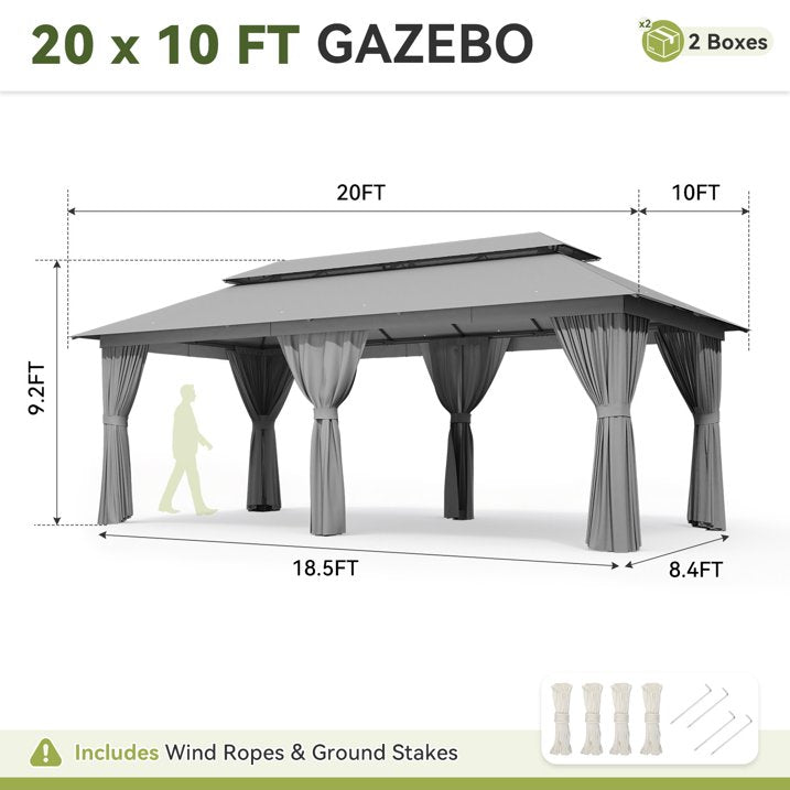 Sunmthink Outdoor Gazebo for Patio 20'x10', Metal Frame Canopy with Double Roofs, Heavy Duty Party Tent and Shelter with Mosquito Netting and Privacy Screen for Backyard,Garden,Deck (Gray)