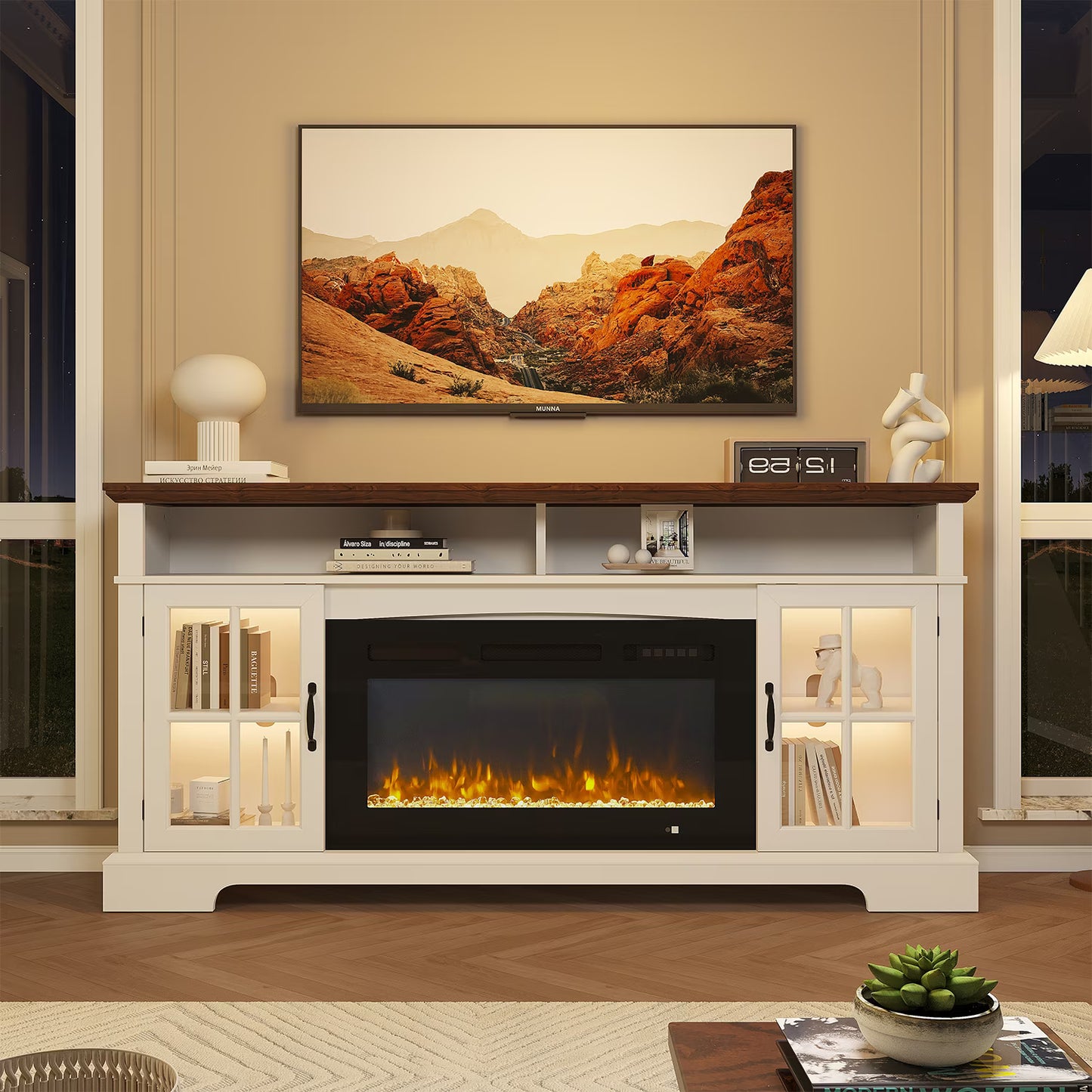 Sonegra Fireplace TV Stand with Glass Door for TVs up to 80", 70" Entertainment Center with Fireplace, Media Console for Living Room, White