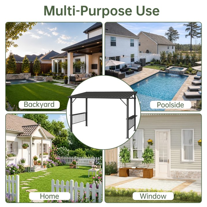 Clouddwell 12'x6' Permanent Metal Gazebo,Outdoor BBQ Canopy with Sloping Steel Roof, Grill Shelter with 2 Side Shelves and Hooks for Patio, Backyard, Deck