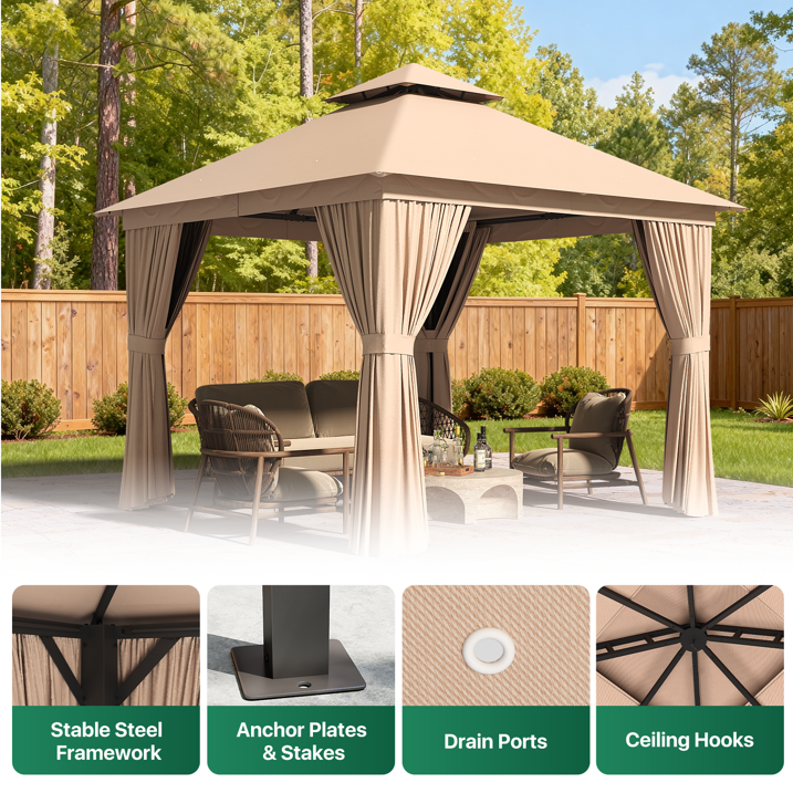 Clouddwell 10'x10' Patio Gazebo Double Roof Protection All-Weather Outdoor Shelter Features Insect Screens & Privacy Curtains Ideal for Backyard, Lawn, (Beige)