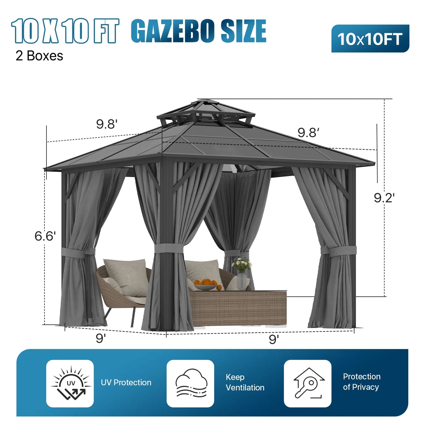 Sunmthink 10' x 10' Hardtop Gazebo,Polycarbonate Double Roof,Aluminum Frame with Curtains and Netting for Patio,Garden,Gray