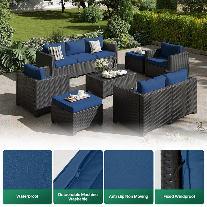 Clouddwell 9 Seats Patio Furniture Set with Storage Coffee Table, All Weather Wicker Outdoor Sectional With Thickened Cushion and Waterproof Cover, Blue
