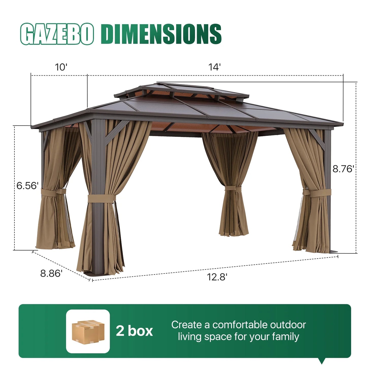 Clouddwell 10'x14' Hardtop Gazebo - Polycarbonate Double Roof with Netting & Curtains for Patio, Garden Sun Protection,Browm