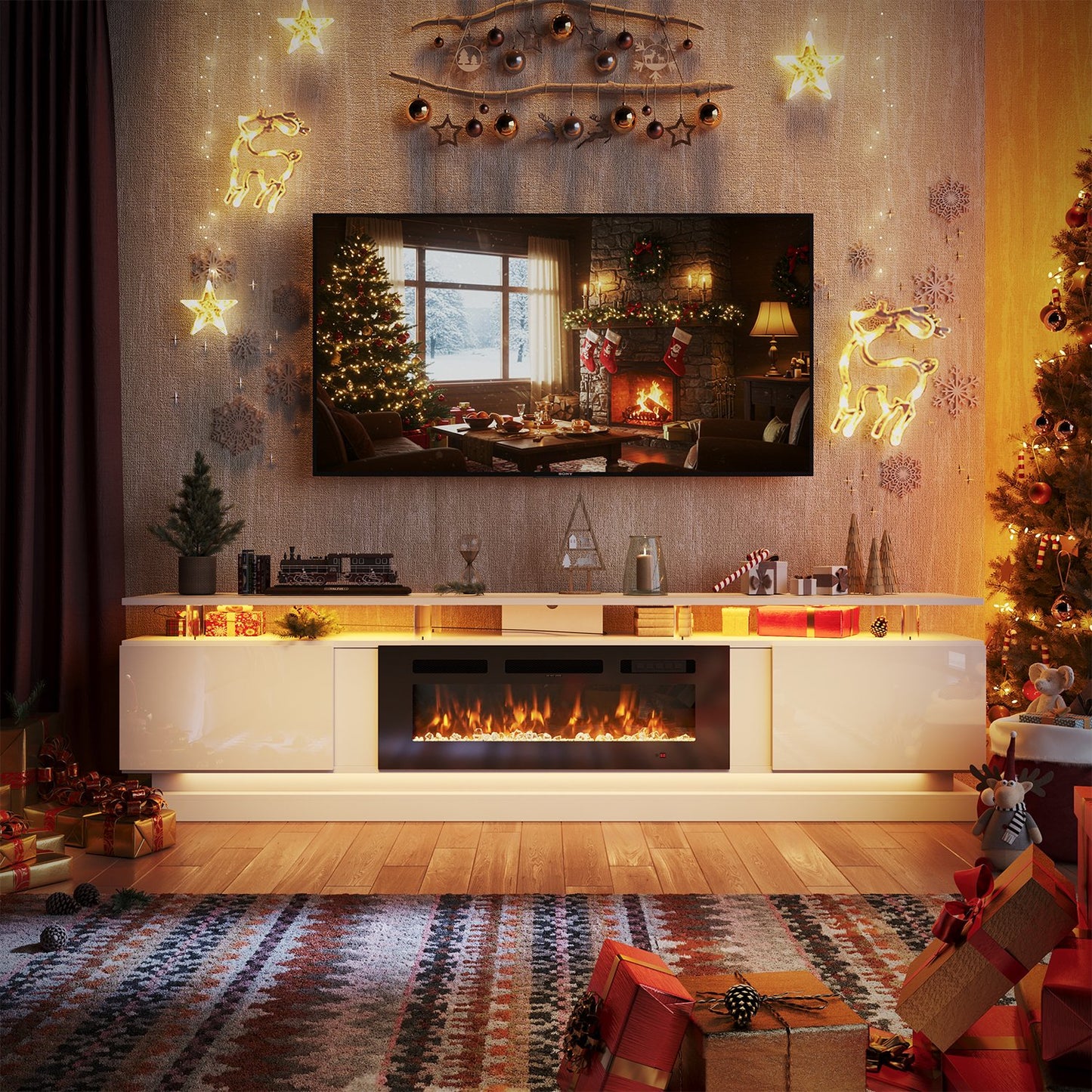 Sonegra Modern Fireplace TV Stand for TVs Up to 90" with Music Sync LED, 80" Entertainment Center with Electric Fireplace, TV Console with Storage Cabinets for Living Room, White