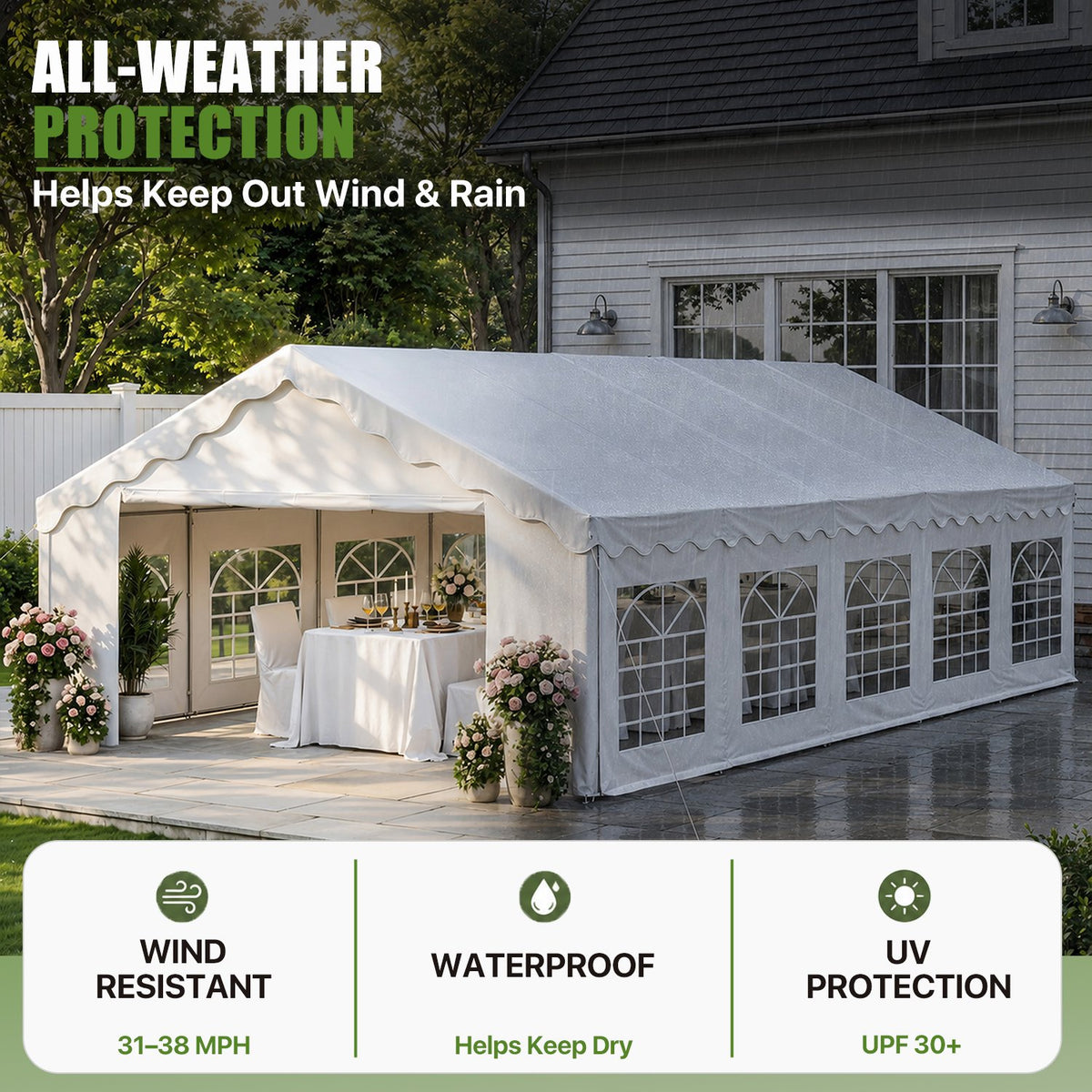 LazySunsets 32*16FT Party Tent, HDPE Heavy Duty Outdoor Awning Tent with Removable Sidewalls & Sandbags, Commercial Grade Big Wedding Tent, Carport, BBQ, UV 50+, Waterproof, White