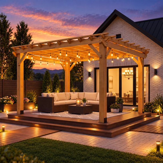 Sunmthink 10' x 12' Solid Cedar Outdoor Pergola, Tiered Lattice Canopy, Wind-Resistant up to 100 MPH, Natural Wood Finish for Patio, Deck, Lawn & Garden