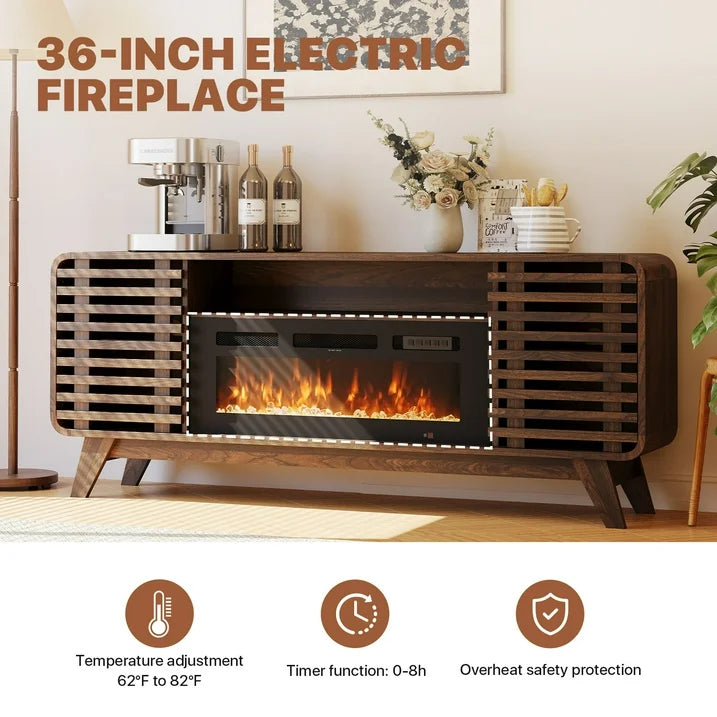 Sonegra Fireplace TV Stand with 36" Electric Fireplace, Mid Century Modern Entertainment Center with Led Lights for 80" TVs , Wood Media Console with Slatted Sliding Doors for Living Room, Brown