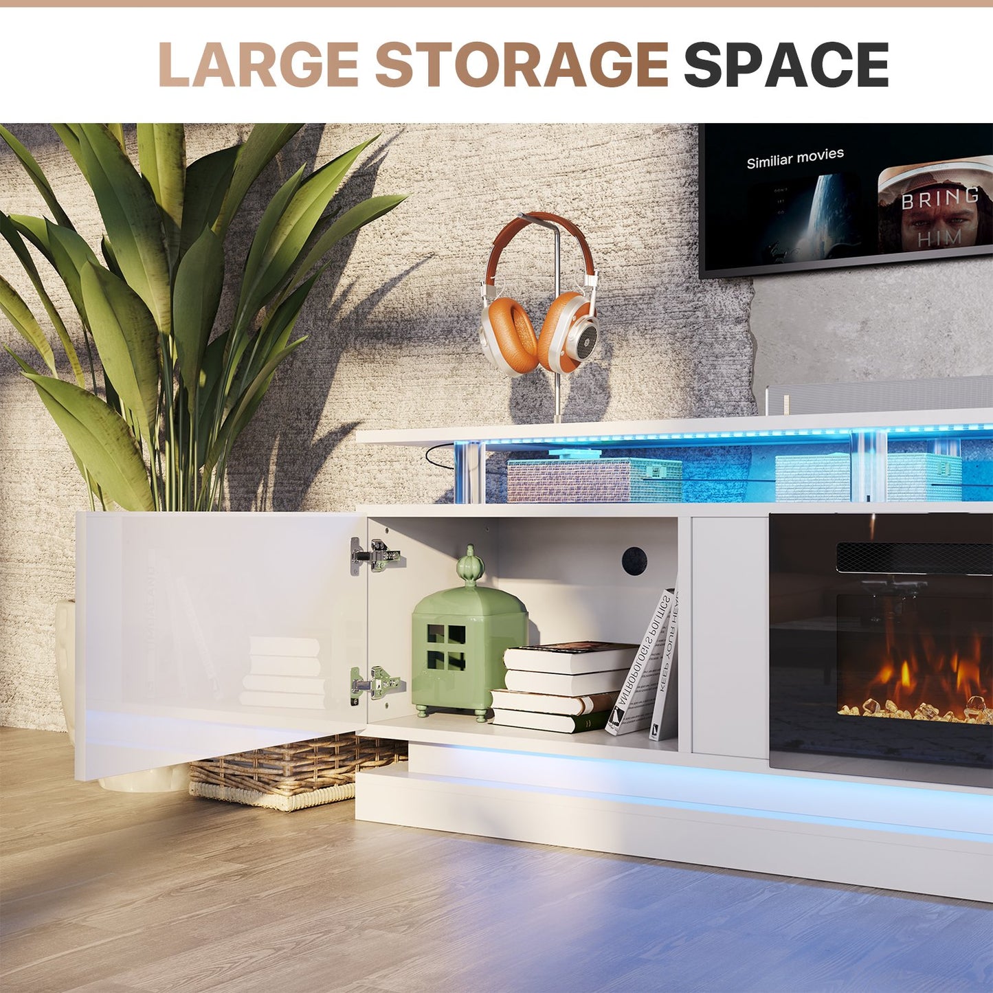 Sonegra Modern Fireplace TV Stand for TVs Up to 90" with Music Sync LED, 80" Entertainment Center with Electric Fireplace, TV Console with Storage Cabinets for Living Room, White