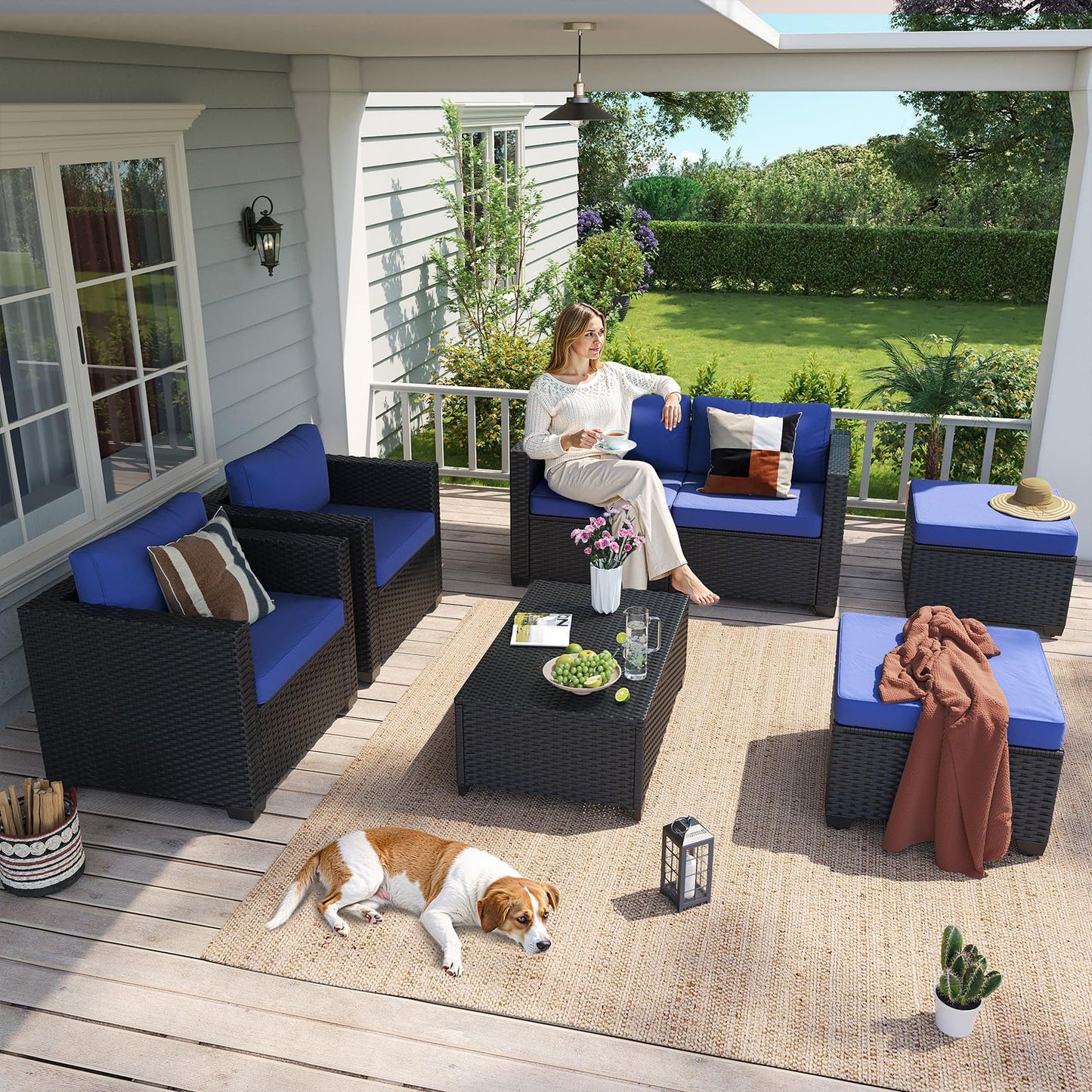 ClouddWell 4 Seat Outdoor Patio Furniture Set, Patio Conversation Sets with Thick Waterproof Cushions & Storage Coffee Table(Blue)