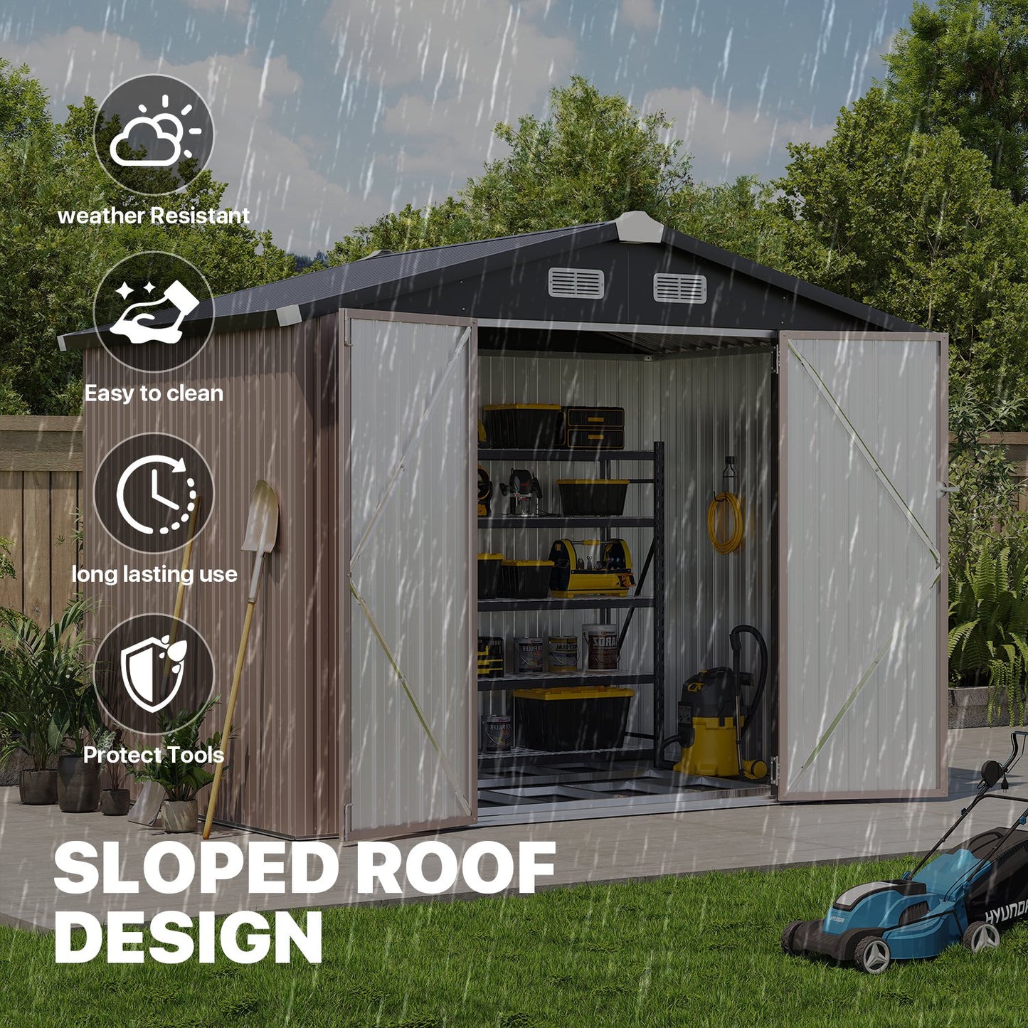Clouddwell 8x6 ft. Metal Storage Shed with Base, Galvanized Steel Outdoor Garden Shed (Brown)