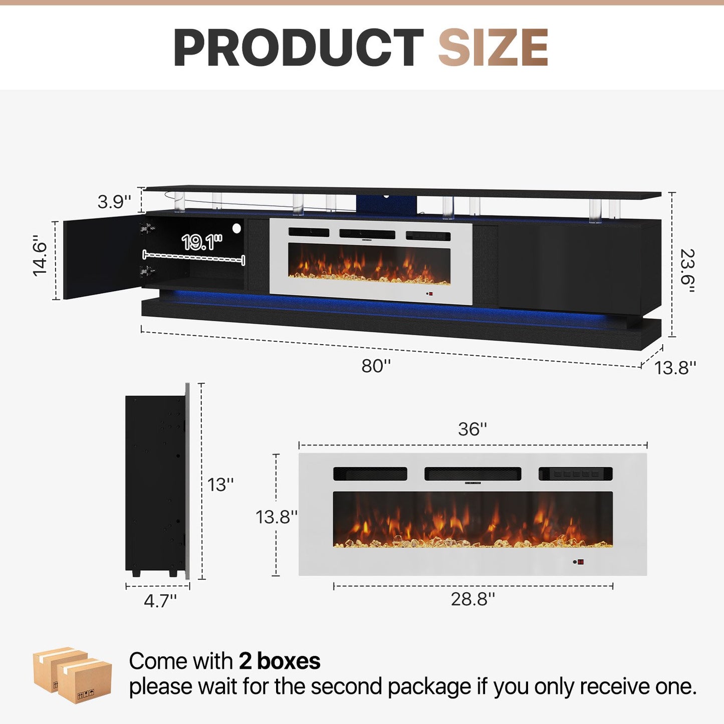 Sonegra Modern Fireplace TV Stand for TVs Up to 90" with Music Sync LED, 80" Entertainment Center with Electric Fireplace, TV Console with Storage Cabinets for Living Room, Black