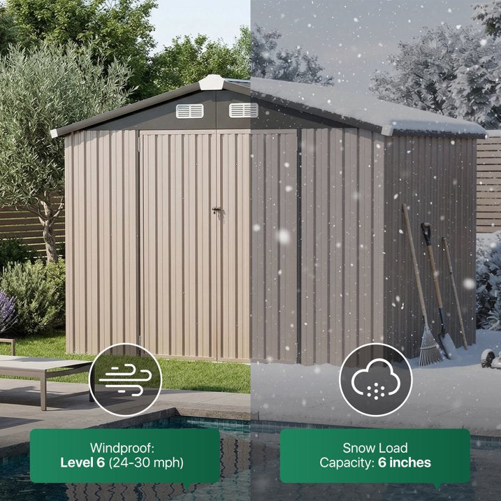 Clouddwell 8x6 ft. Outdoor Storage Shed with Base, Brown Metal Garden Shed with Double Lockable Doors for Backyard, Patio