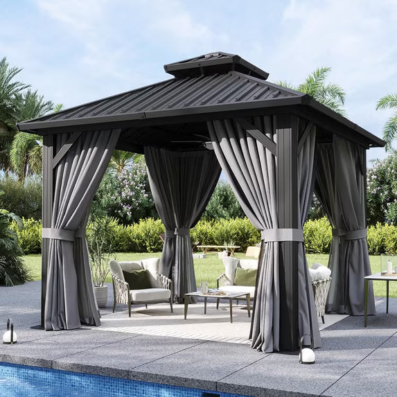 Aoxun 10'x10' Hardtop Gazebo, Aluminum Frame Canopy with Double Galvanized Steel Roof, Outdoor Metal Pavilion with Netting, Curtains for Backyard, Patio and Deck