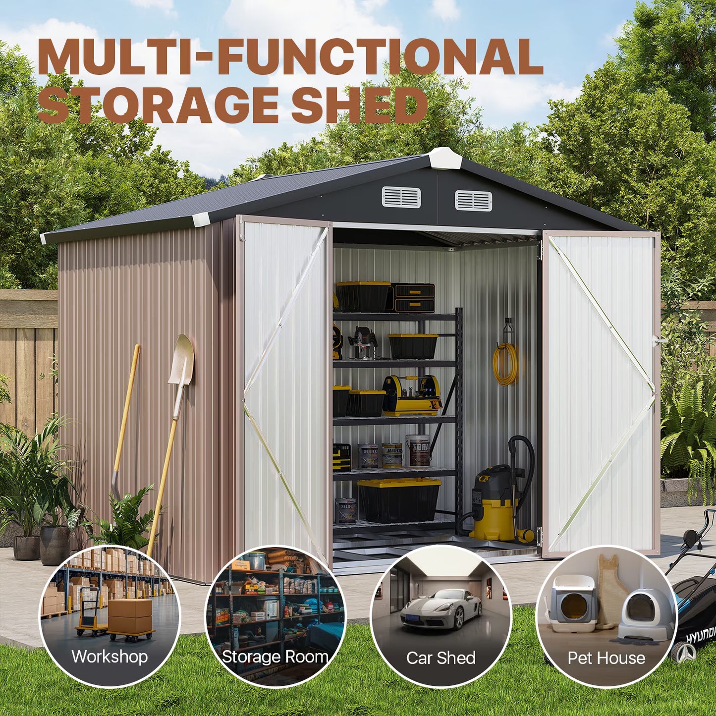 Clouddwell 8x6 ft. Metal Storage Shed with Base, Galvanized Steel Outdoor Garden Shed (Brown)