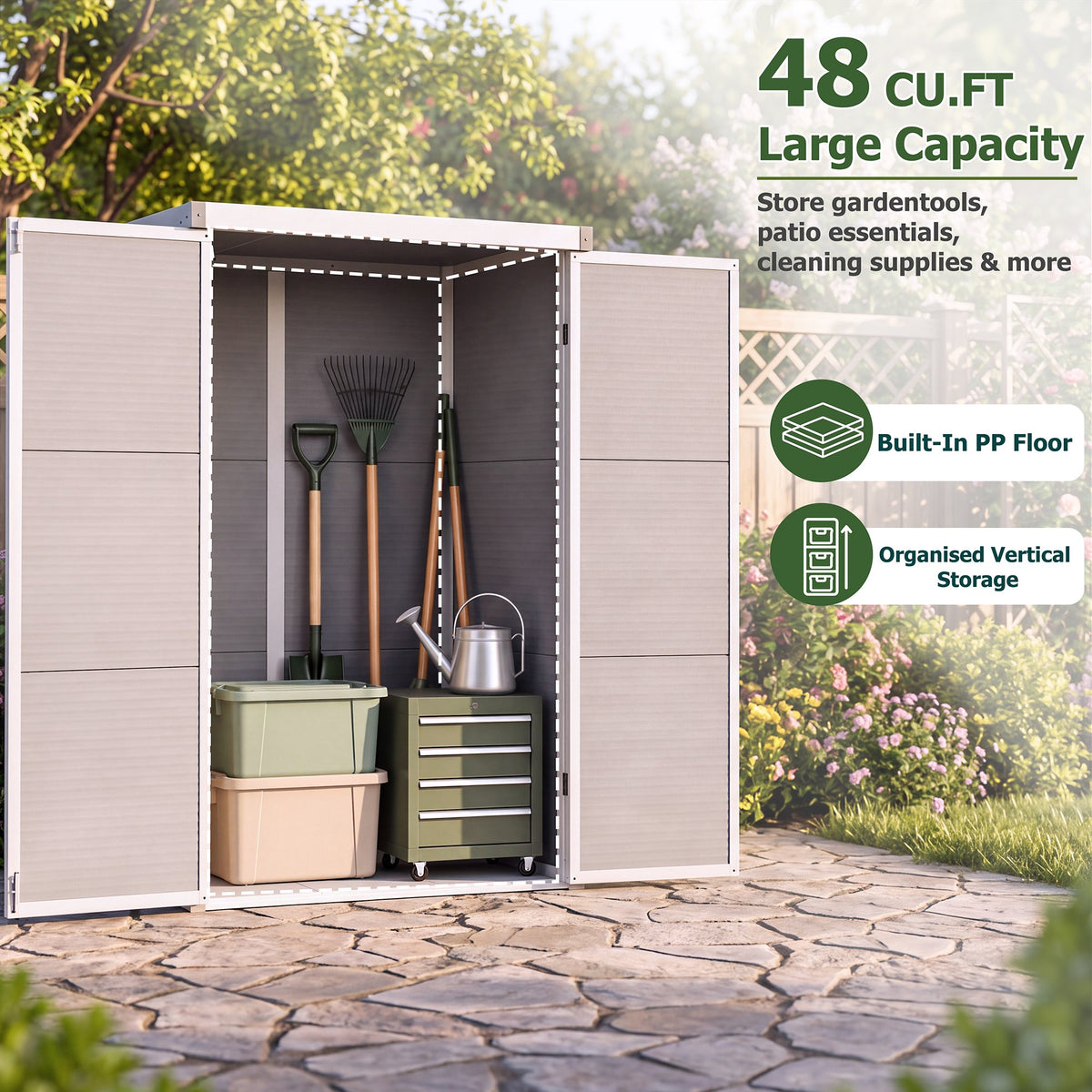Dateyes 4.4X2.2 FT Resin Outdoor Storage Shed, 48 Cu.ft Waterproof Plastic Storage Sheds with Floor, Weather-Resistant Vertical Outdoor Storage Cabinet with Lockable Doors, Gray