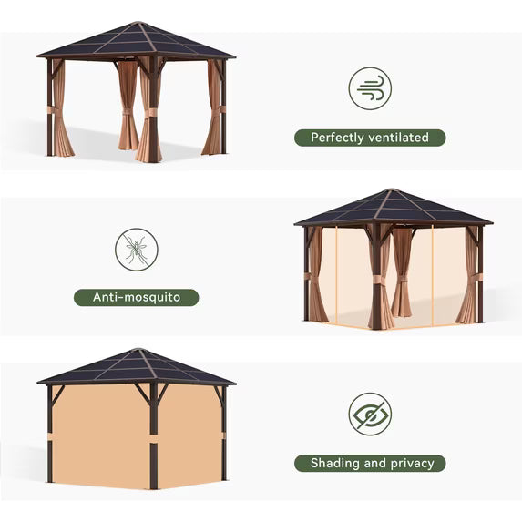 Aoxun 10 ft. x 10 ft. Hardtop Gazebo, Outdoor Aluminum Frame Permanent Pavilion with Curtains and Netting, Brown