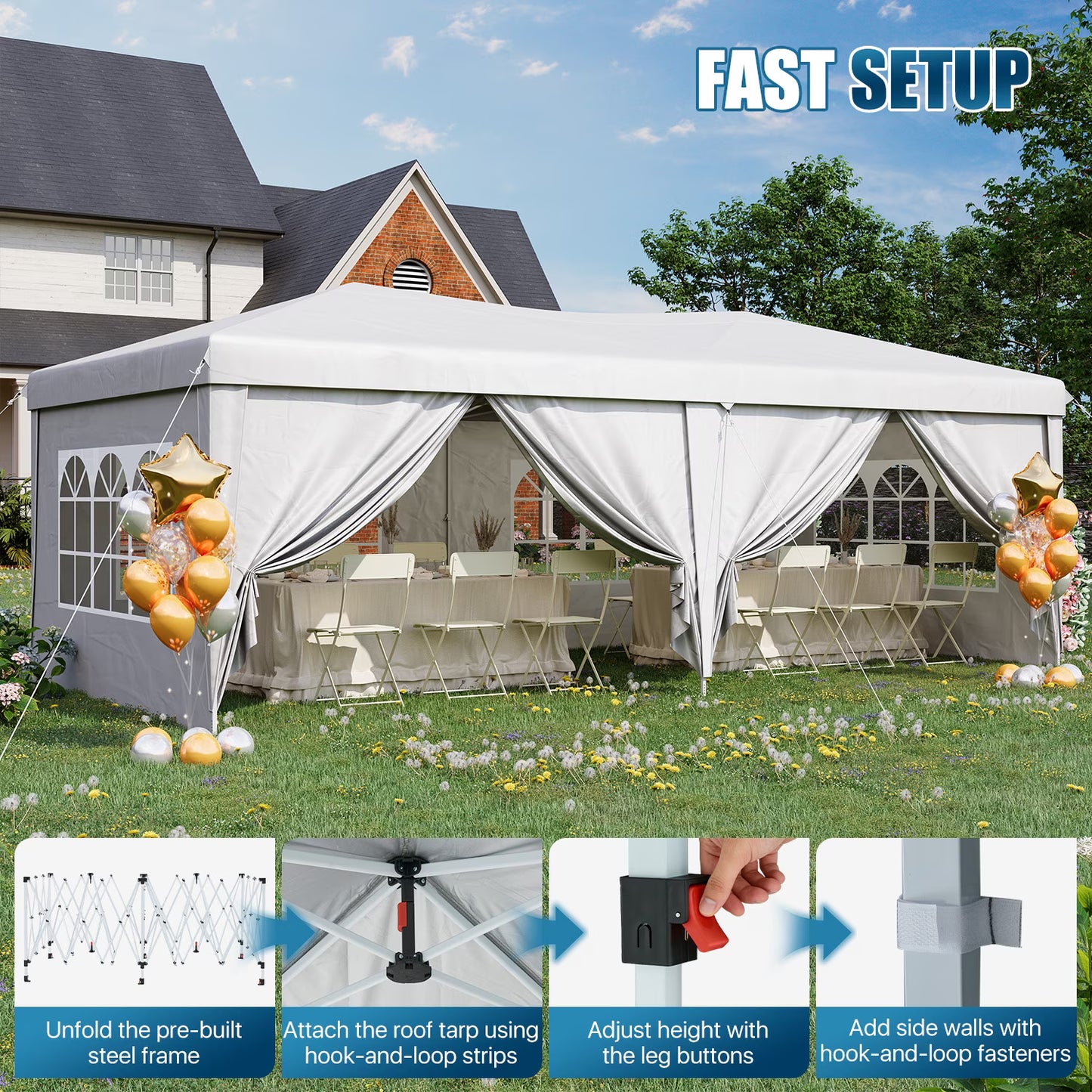 Dateyes 10x20 Pop Up Canopy Tent, Waterproof Party Tent with 6 Removable Sidewalls, 3-Level Height Adjustable Event Tent, Instant Shelter for Wedding, Party, Commercial & Market Events,White