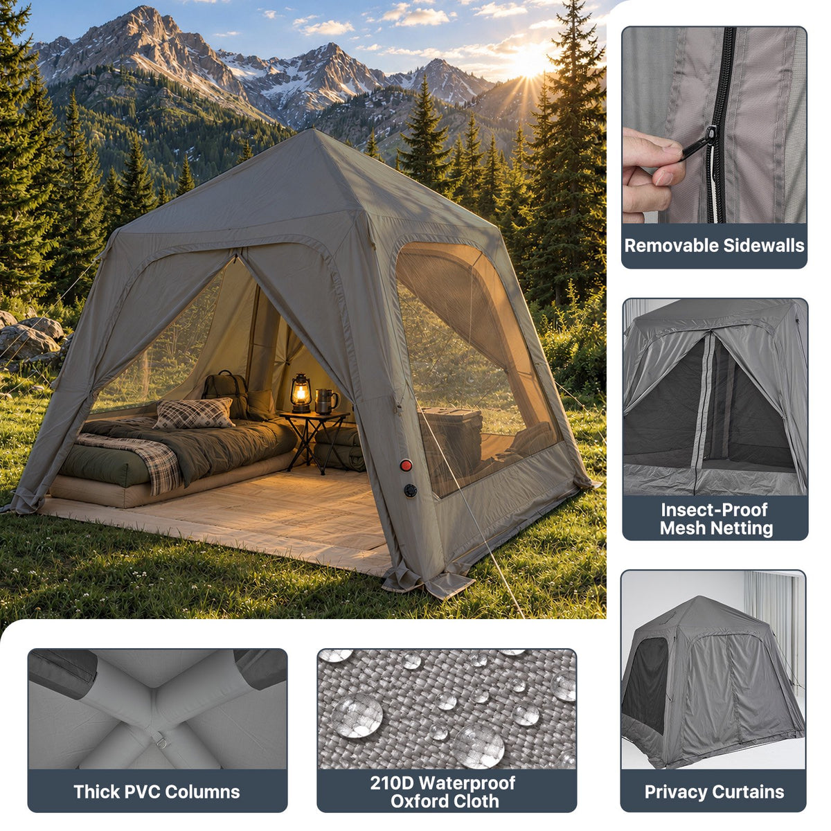 Dateyes Inflatable Camping Tent for 5-7 Person, 10x10 FT Quick Blow-up Family Tent, Lightweight Portable Outdoor Shelter for Camping, Beach and Festivals, Dark Gray