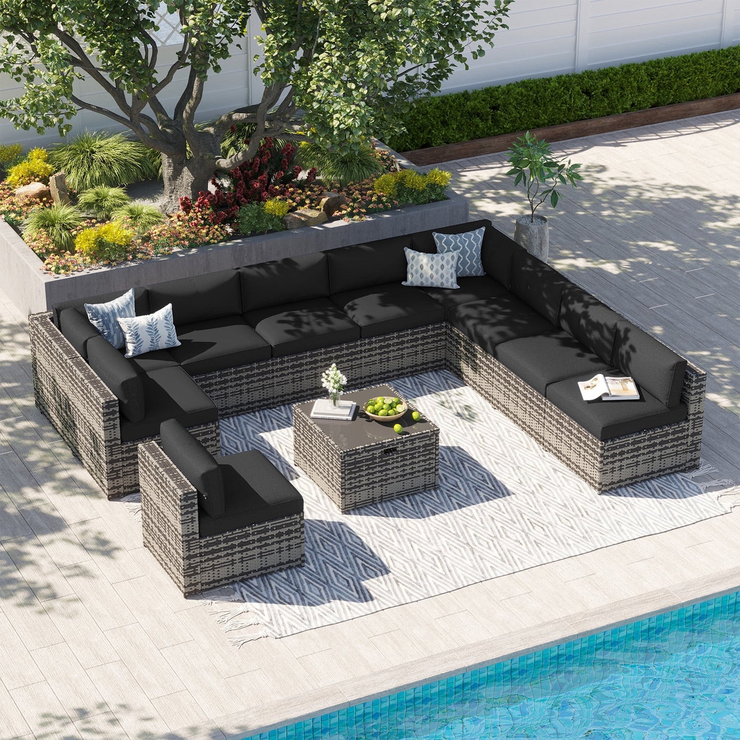 Clouddwell 11 Piece Patio Furniture Set Wicker Rattan Patio Conversation Set Outdoor Sectional Sofa Set with Coffee Table and Black Cushions(Waterproof Cover Included)