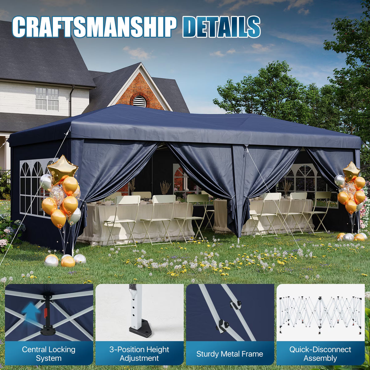 Dateyes 10x20 Pop Up Canopy Tent, Waterproof Party Tent with 6 Removable Sidewalls, 3-Level Height Adjustable Event Tent, Instant Shelter for Wedding, Party, Commercial & Market Events,Blue