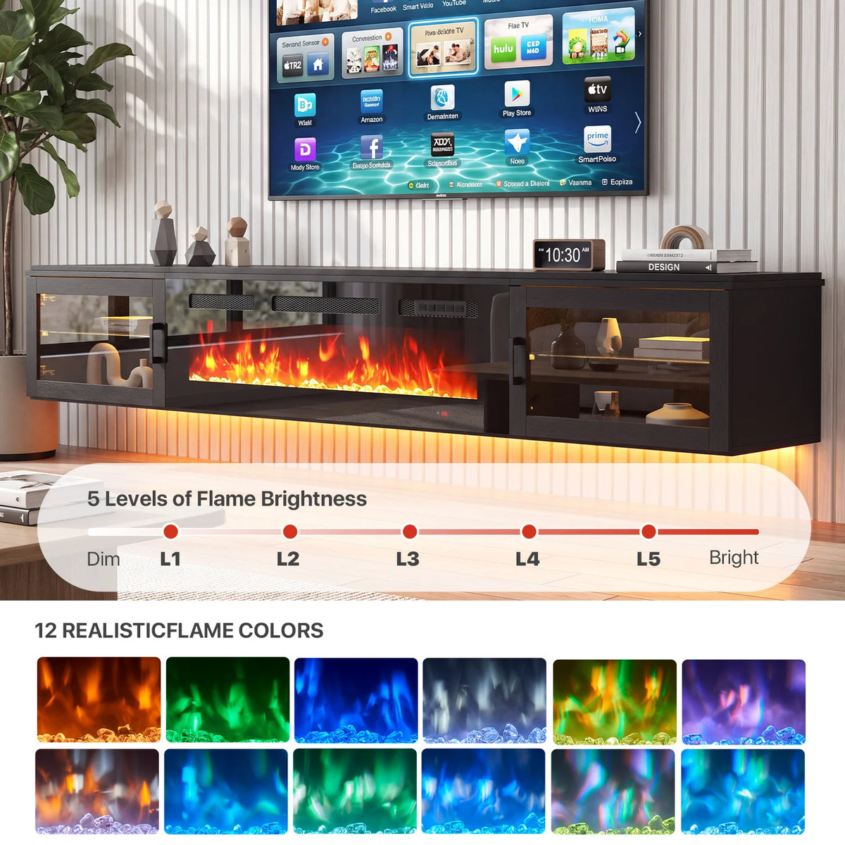Sonegra 80" Floating TV Stand with 36" Electric Fireplace, High Gloss Finish Wall Mounted Fireplace Entertainment Center with Storage for TVs Up to 80", Black
