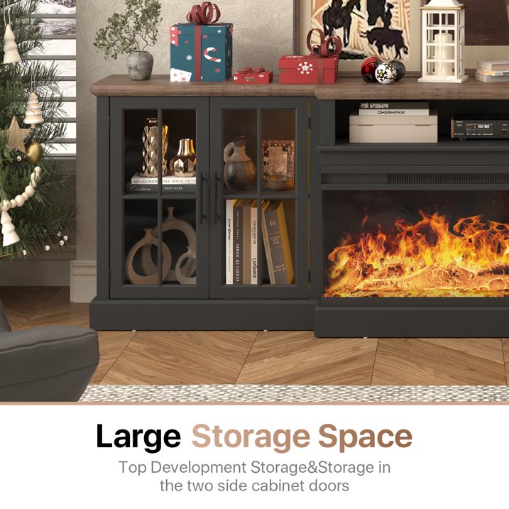 Sonegra 98" Farmhouse TV Stand with Fireplace for TVs up to 100", Media Entertainment Center with Adjustable Shelves and Large Storage Cabinets, for Living Room, Black