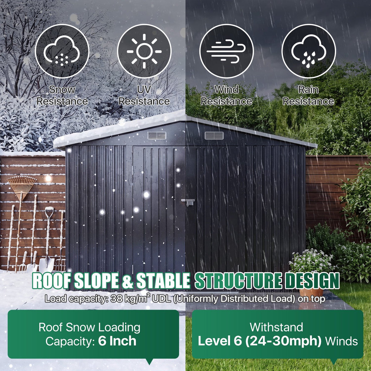 Clouddwell 10x12 FT Outdoor Metal Storage Shed with Floor (12mm PP Floor) & Double Doors for Patio, Backyard - Black