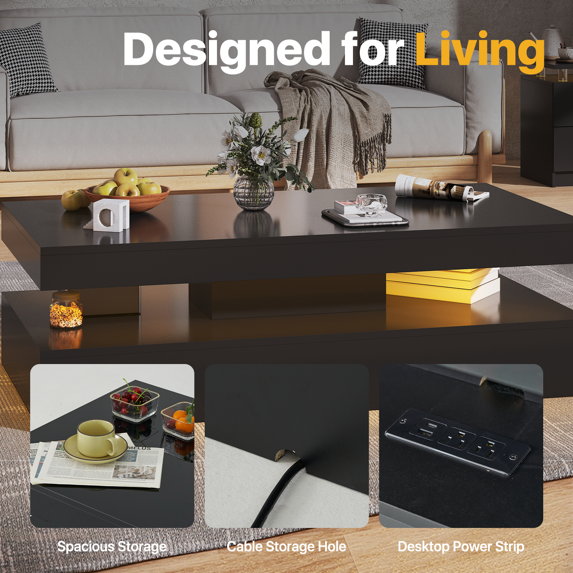 Sonegra 3-Piece Living Room Coffee Table Set, Including A Modern Coffee Table and 2 LED End Tables with Storage Drawers, Black