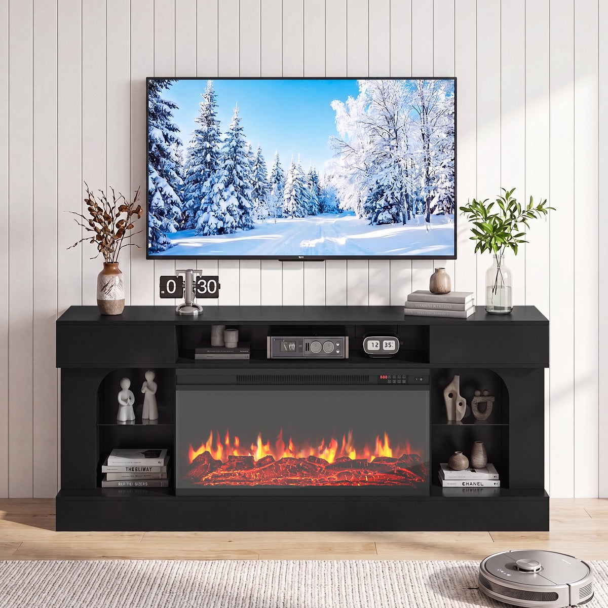 Sonegra 70 Inch Fireplace TV Stand, 3‑Sided Glass Electric Fireplace Media Console Fits Up to 80" TV, Entertainment Center with Shelves & Spacious Storage, LED Flame TV Cabinet for Living Room, Black