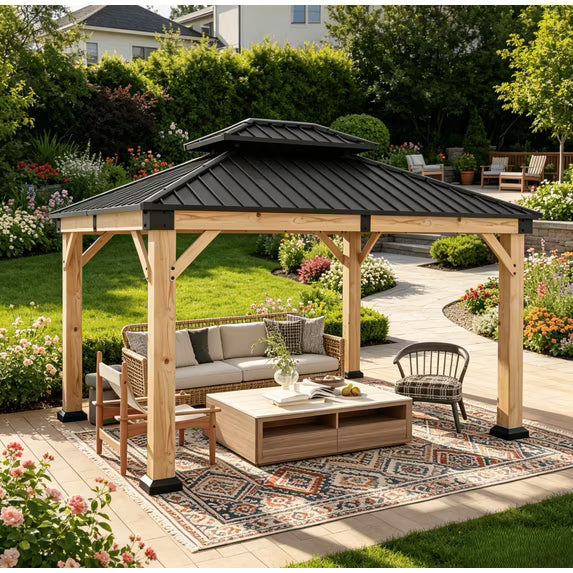 Sunmthink 10'x12' Outdoor Hardtop Gazebo, Cedar Wood Pavilion with Galvanized Steel Double Roof, for Patio, Garden, Deck