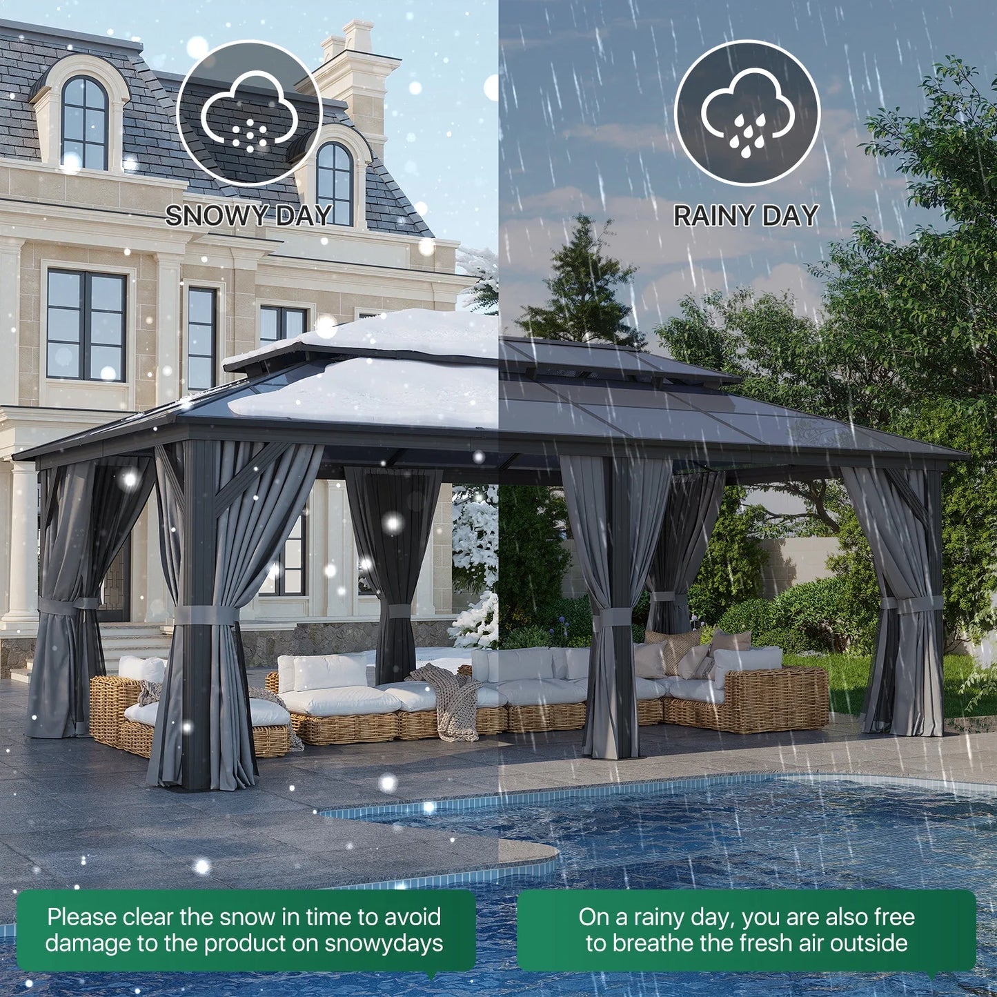 Clouddwell 12'x20' Hardtop Gazebo - Polycarbonate Double Roof with Netting & Curtains for Patio, Garden Sun Protection,Gray