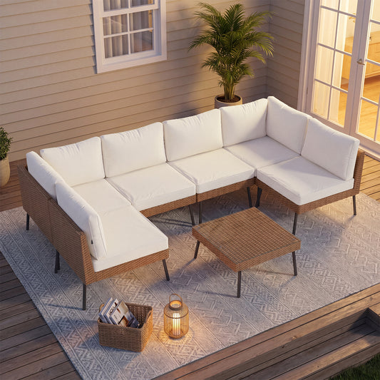 Clouddwell 7-Piece Patio Furniture Set, Wicker Outdoor Furniture with Water Resistant Thick Cushions, Patio Conversation Set Outdoor Sectional Sofa with Coffee Table for Backyard Poolside, Beige