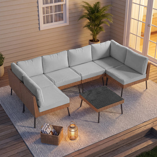 Clouddwell 7-Piece Patio Furniture Set, Wicker Outdoor Furniture with Water Resistant Thick Cushions, Patio Conversation Set Outdoor Sectional Sofa with Coffee Table for Backyard Poolside, Light Gray