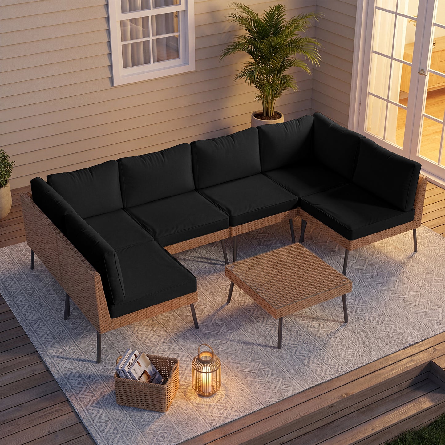 Clouddwell 7-Piece Patio Furniture Set, Wicker Outdoor Furniture with Water Resistant Thick Cushions, Patio Conversation Set Outdoor Sectional Sofa with Coffee Table for Backyard Poolside, Black